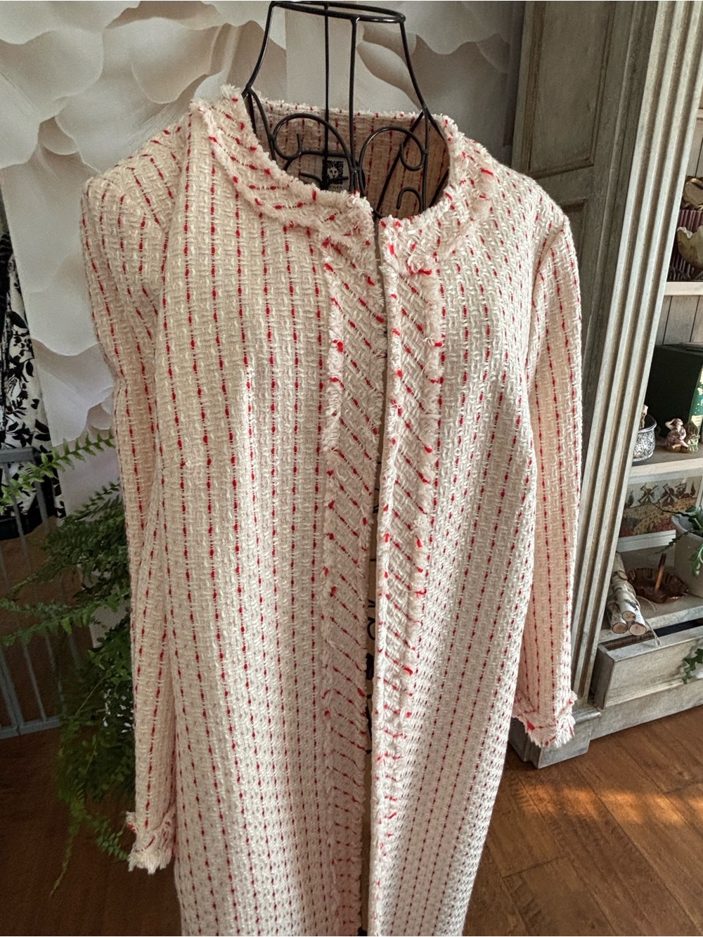 Anne Klein Soft Pink Textured Long Coat with Subtle Red Accents